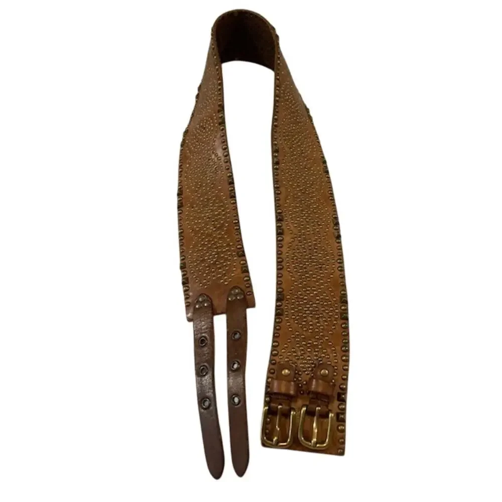 Jigsaw-VTG Genuine Brown Leather Belt with Bronze Studs/Brass Buckle